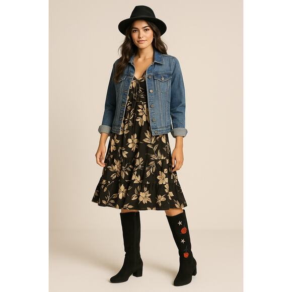 Boho Floral Embroidered Black Tall Boots Betsey Johnson 10M - Picture 1 of 8